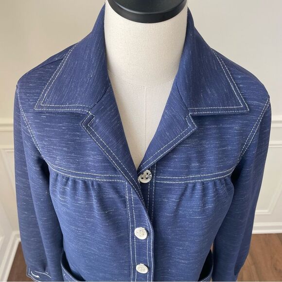 Vintage 70s Leisure Suit Button Jacket Dagger Pointed Collar Blue White S - Picture 8 of 9